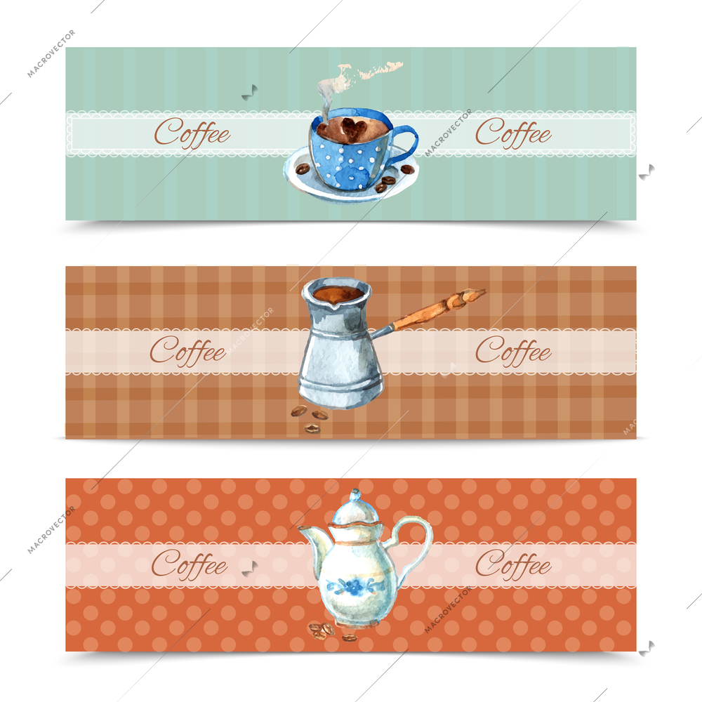 Coffee horizontal banners set with watercolor cup and pot isolated vector illustration