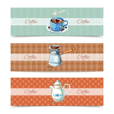 Coffee horizontal banners set with watercolor cup and pot isolated vector illustration