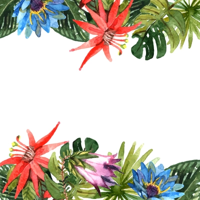 Tropical leaves and exotic flowers branches watercolor border vector illustration