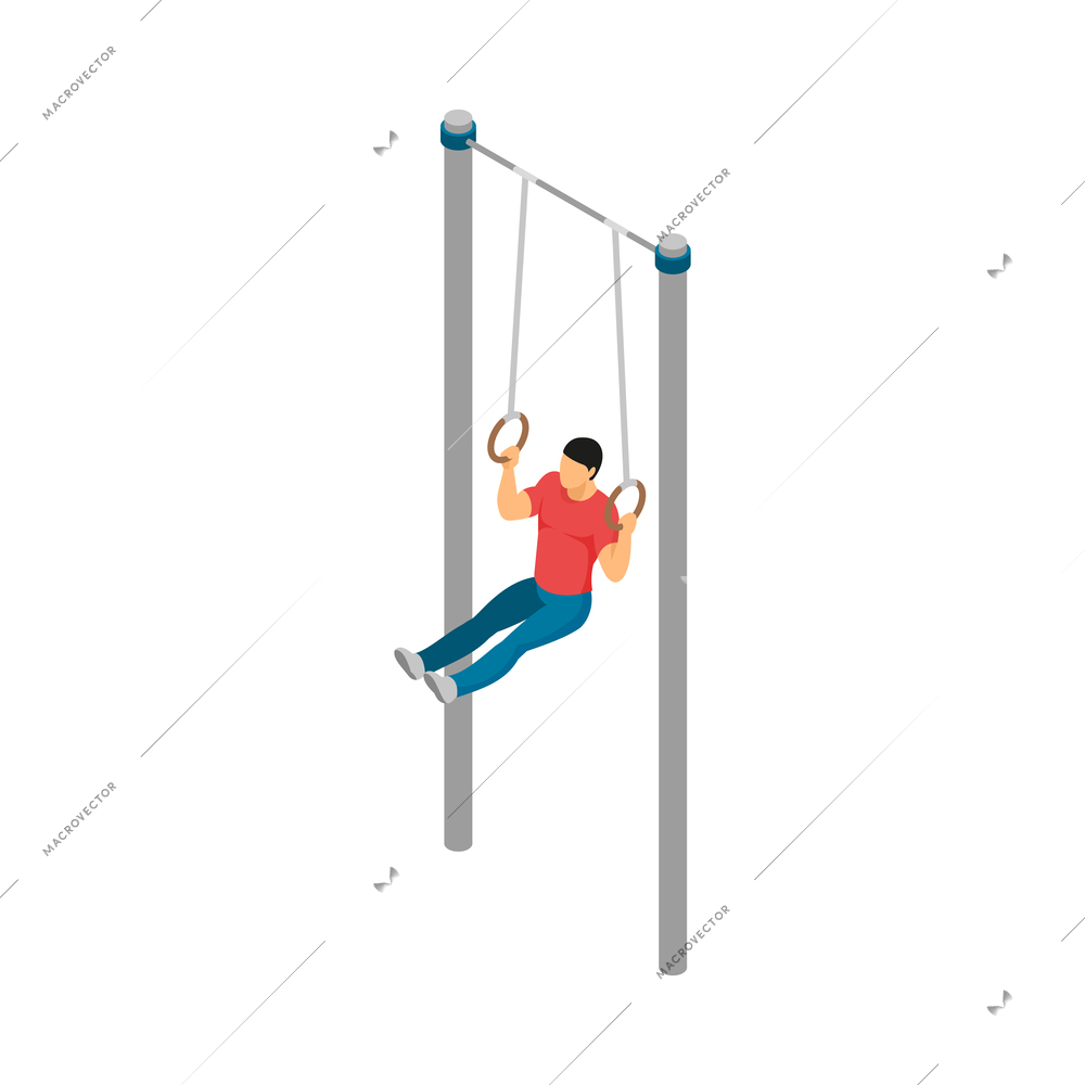 Isometric gym equipment workout composition with male human character doing sports vector illustration