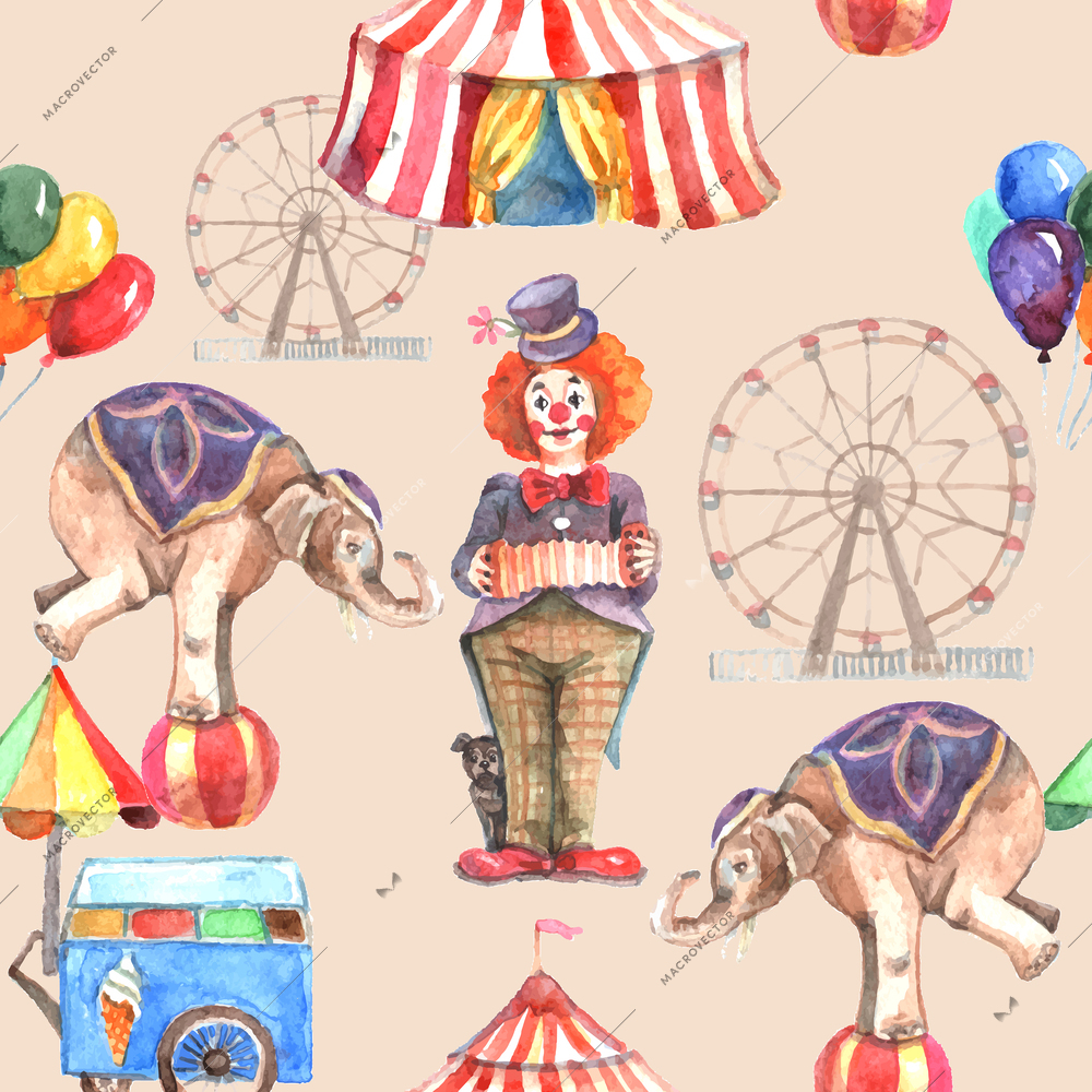 Circus seamless pattern with balloons animals and entertainment tent vector illustration