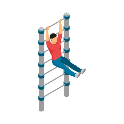 Isometric gym equipment workout composition with male human character doing sports vector illustration