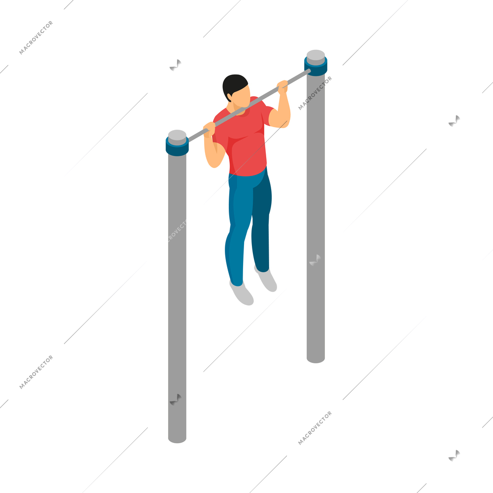 Isometric gym equipment workout composition with male human character doing sports vector illustration