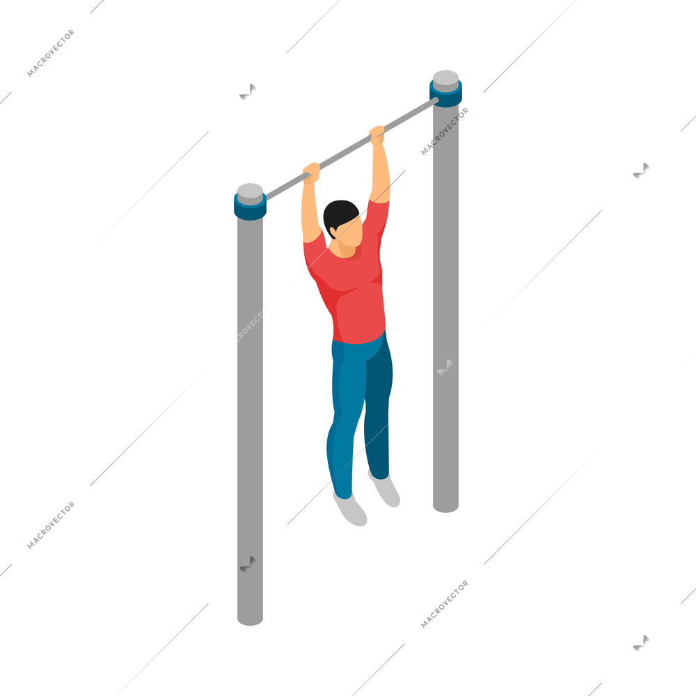 Isometric gym equipment workout composition with male human character doing sports vector illustration