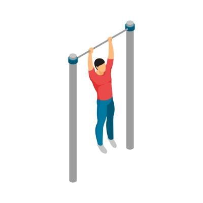 Isometric gym equipment workout composition with male human character doing sports vector illustration