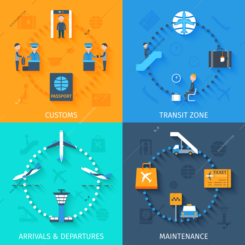 Airport design concept set with customs transit zone arrivals and departures maintenance flat icons isolated vector illustration