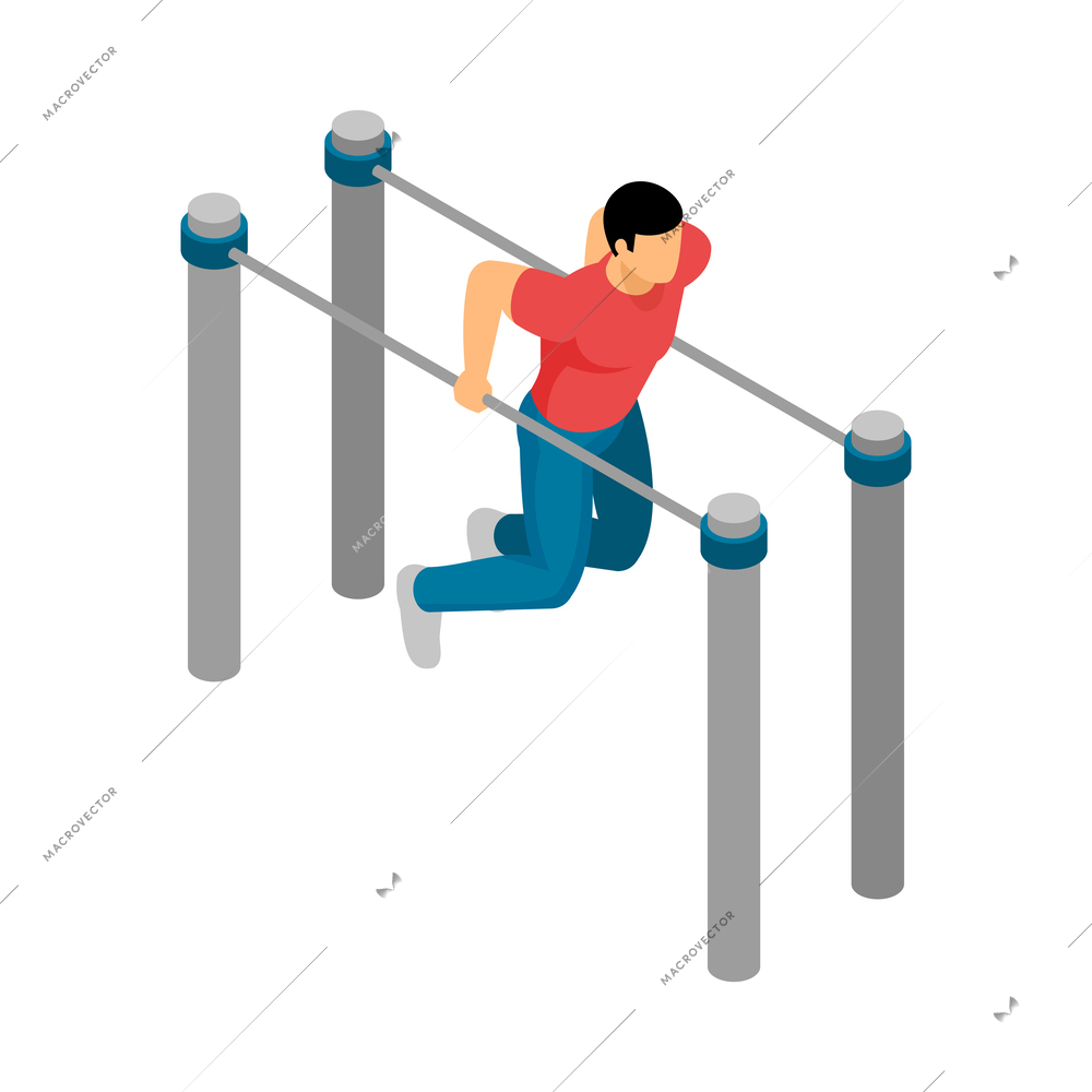 Isometric gym equipment workout composition with male human character doing sports vector illustration