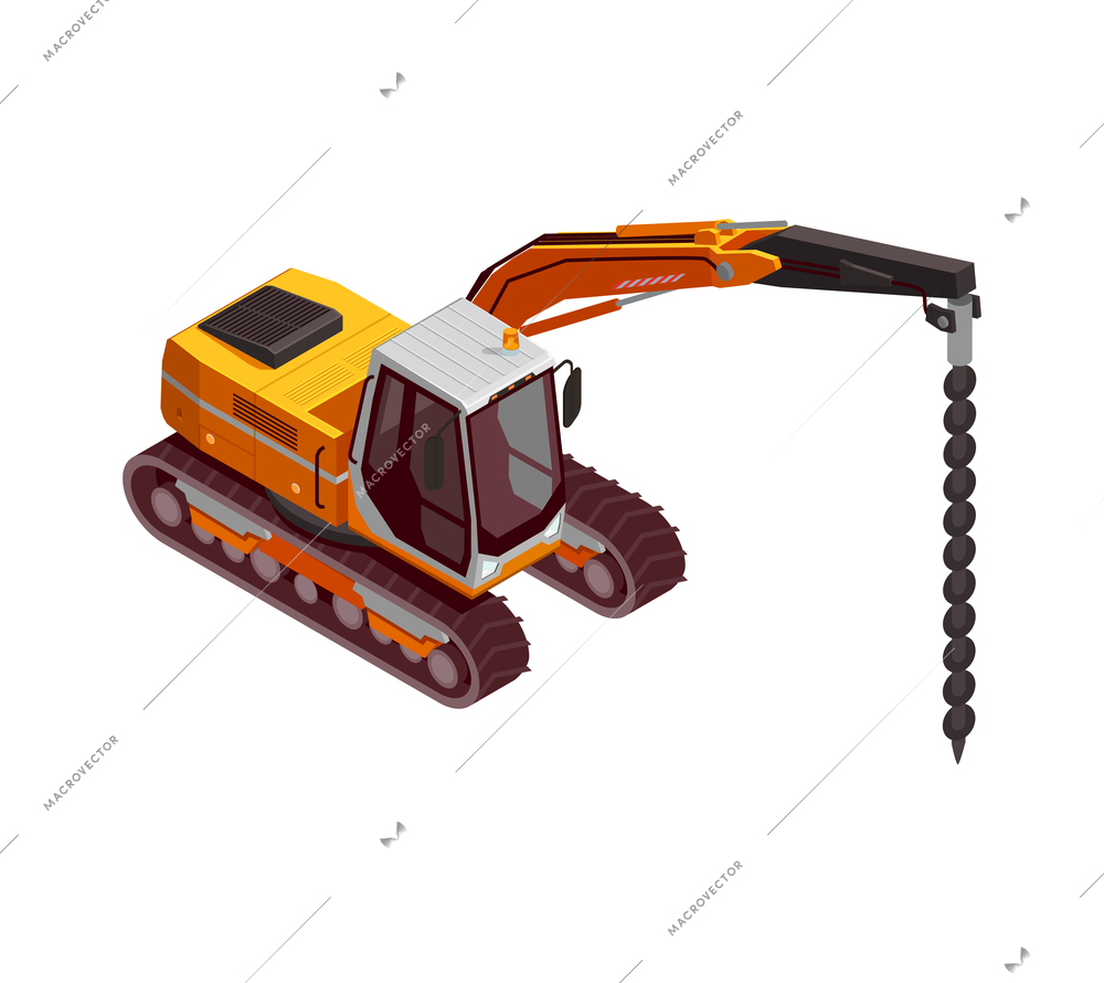 Construction machinery isometric composition with isolated image of yellow colored vehicle vector illustration