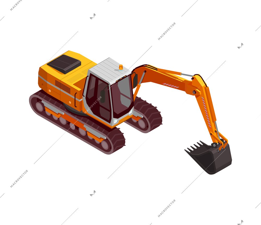 Construction machinery isometric composition with isolated image of yellow colored vehicle vector illustration