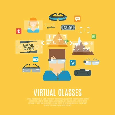 Virtual glasses concept with cyberspace electronic equipment flat icons set vector illustration