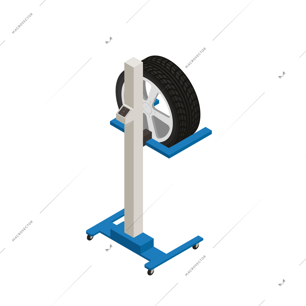 Tire production service isometric composition with isolated machinery image on blank background vector illustration