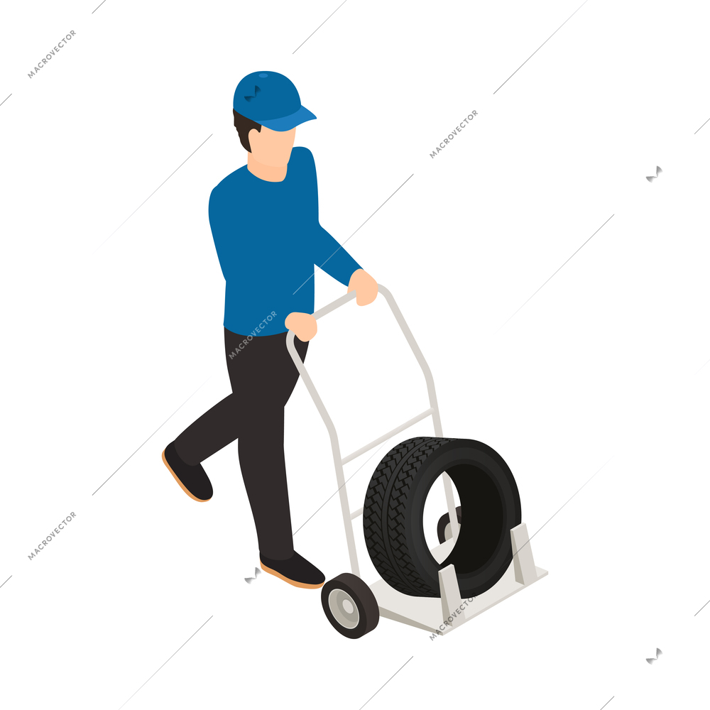 Tire production service isometric composition with isolated machinery image on blank background vector illustration