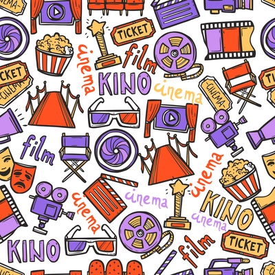 Cinema seamless pattern with hand drawn film and entertainment signs vector illustration