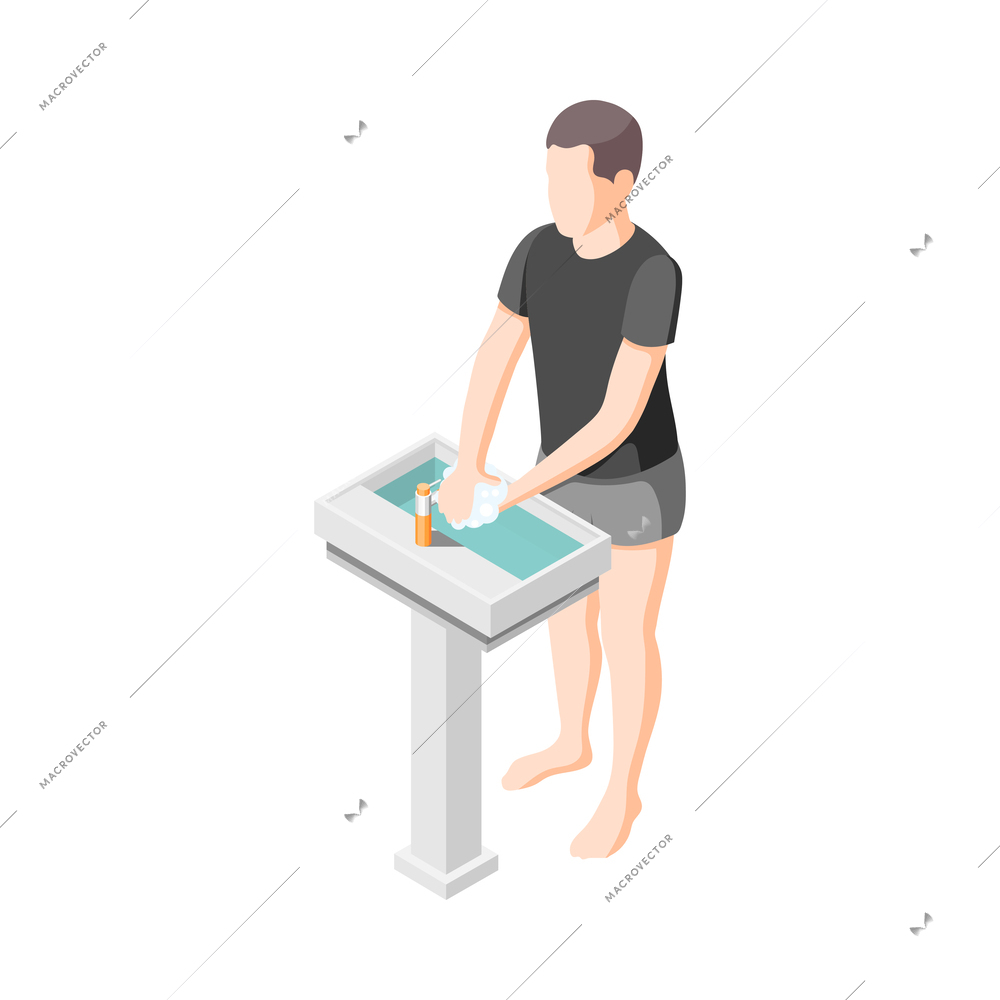 Personal hygiene isometric composition with faceless human character on blank background vector illustration