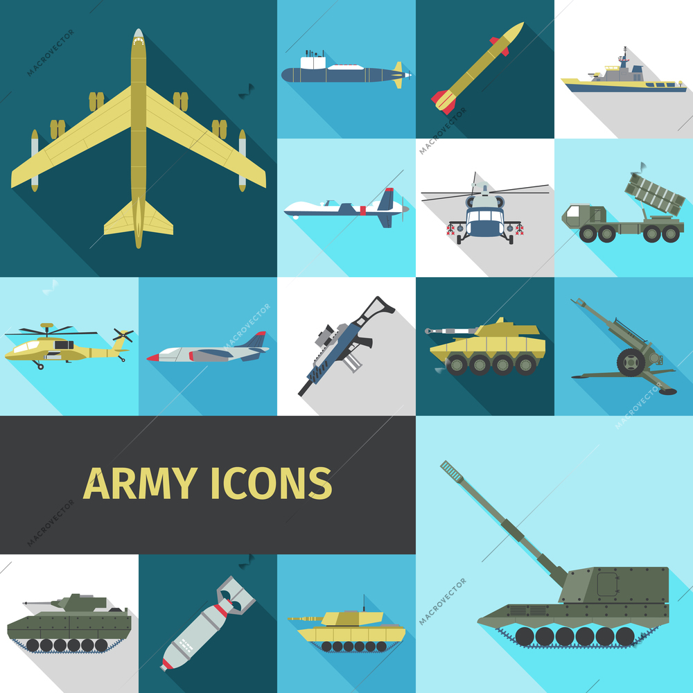 Army icons flat set with military truck helicopter ship isolated vector illustration