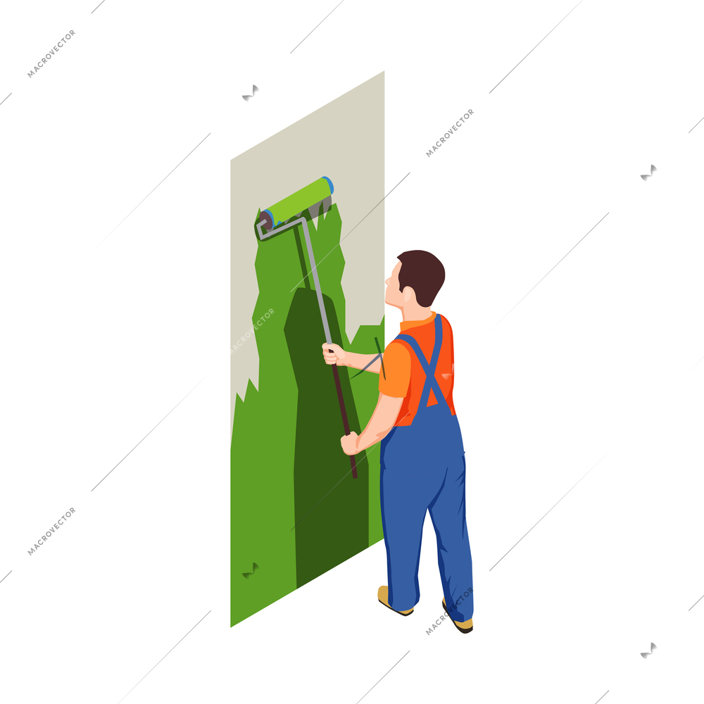 Construction workers isometric composition with human character in uniform with tools vector illustration