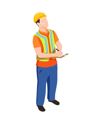 Construction workers isometric composition with human character in uniform with tools vector illustration