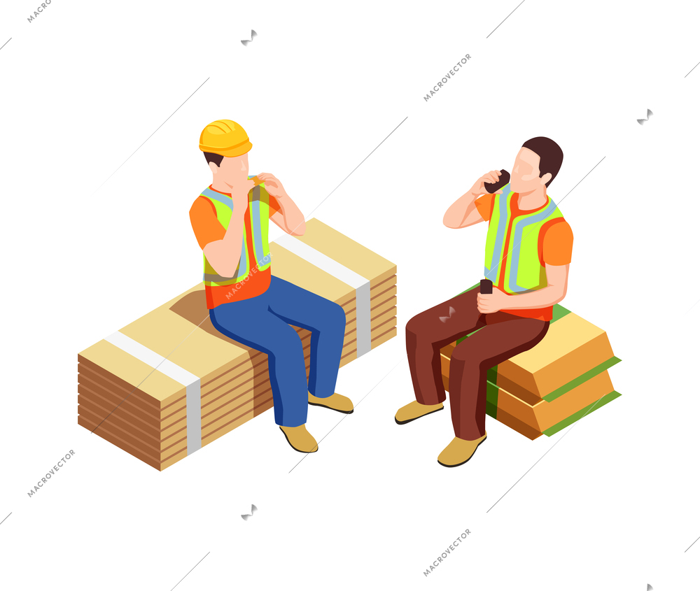 Construction workers isometric composition with human characters in uniform having break vector illustration