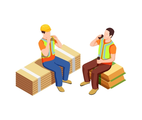 Construction workers isometric composition with human characters in uniform having break vector illustration