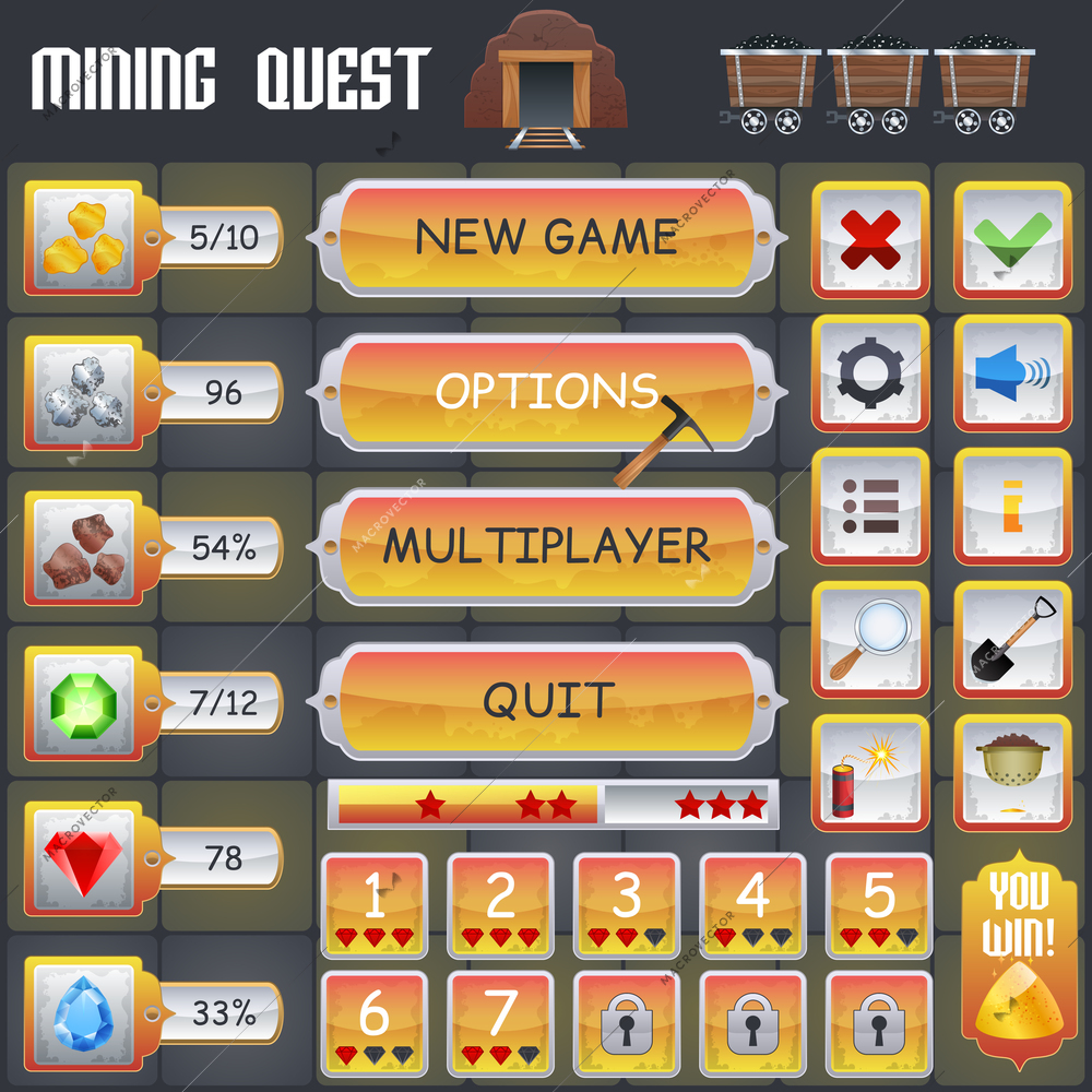 Mining treasure hunt game menu interface with cartoon treasure symbols vector illustration