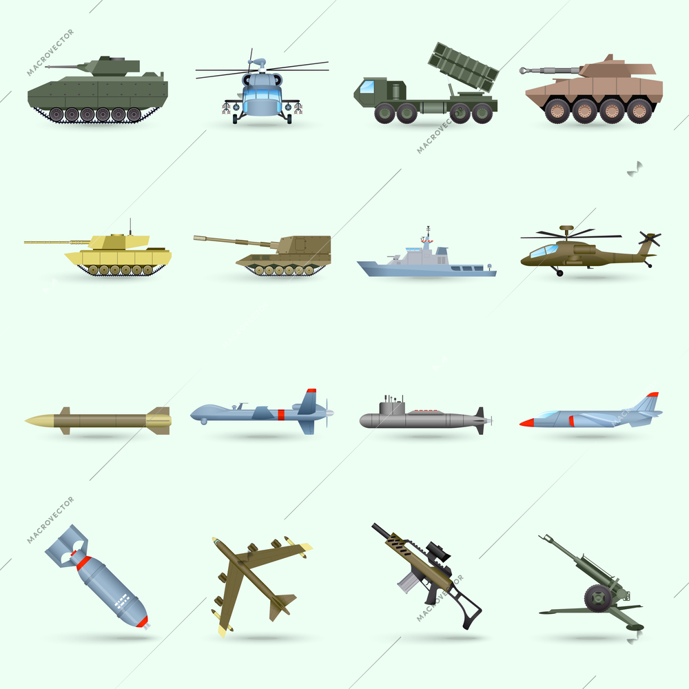 Army icons set with tank submarine military airplane isolated vector illustration