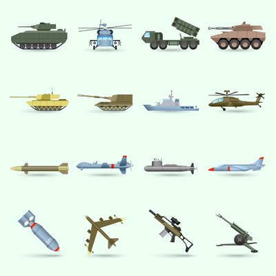 Army icons set with tank submarine military airplane isolated vector illustration
