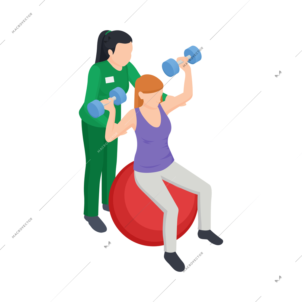 Physiotherapy rehabilitation clinic isometric composition with treatment recovery icons human characters vector illustration