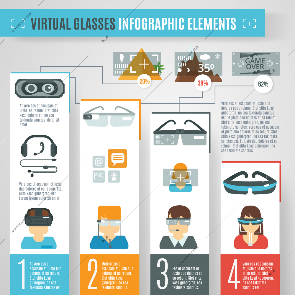 Virtual reality infographics set with glasses camera technologies elements vector illustration