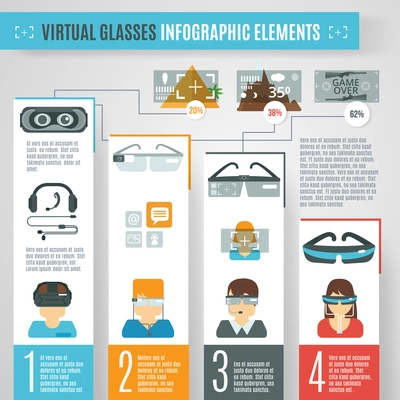 Virtual reality infographics set with glasses camera technologies elements vector illustration