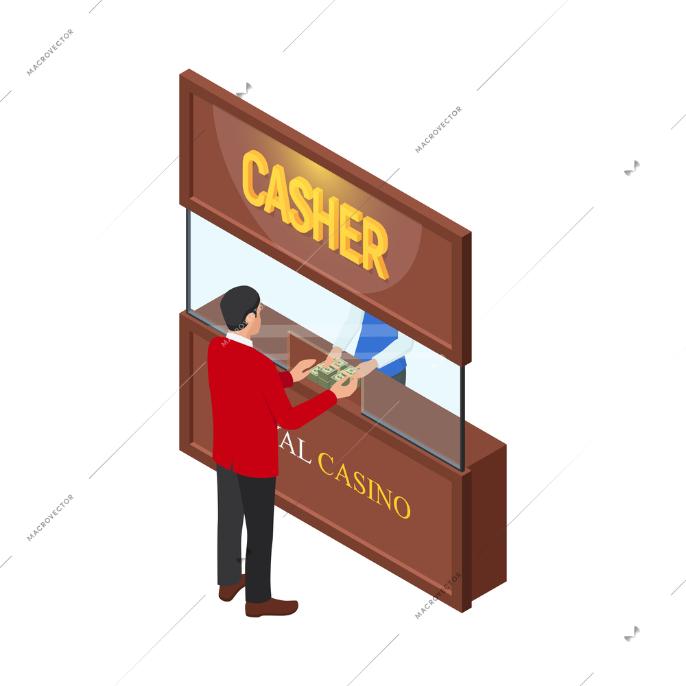 Isometric casino composition with isolated human character of gambling player on blank background vector illustration