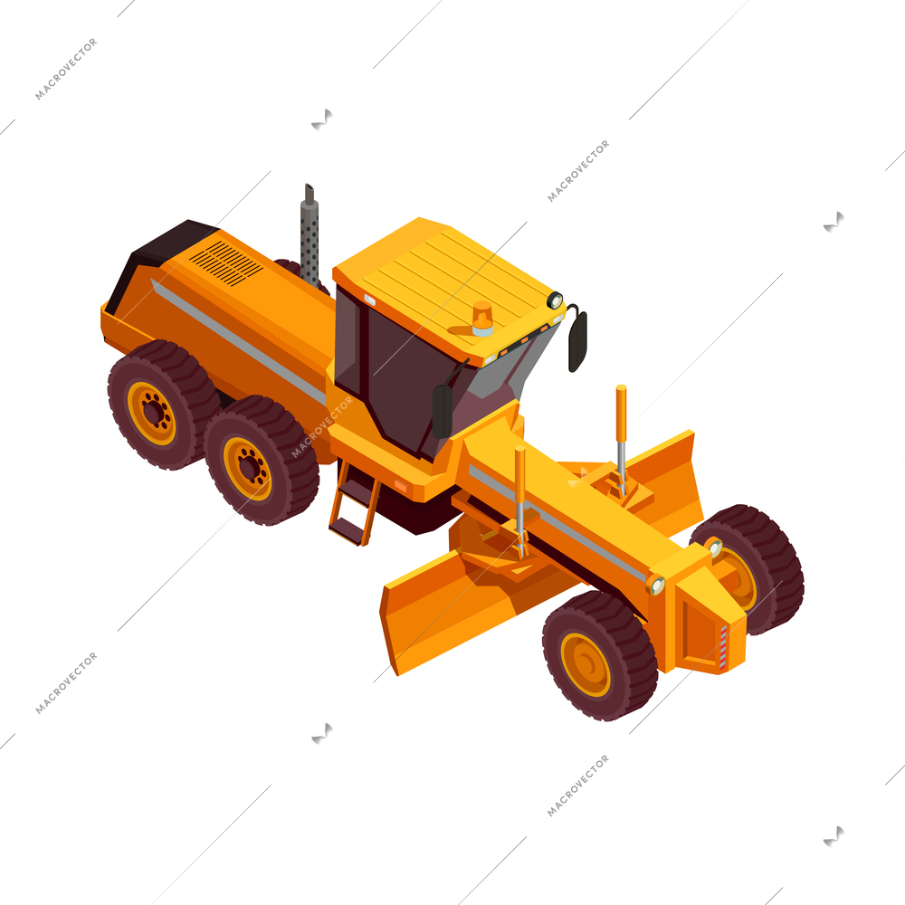 Construction machinery isometric composition with isolated image of yellow colored vehicle vector illustration