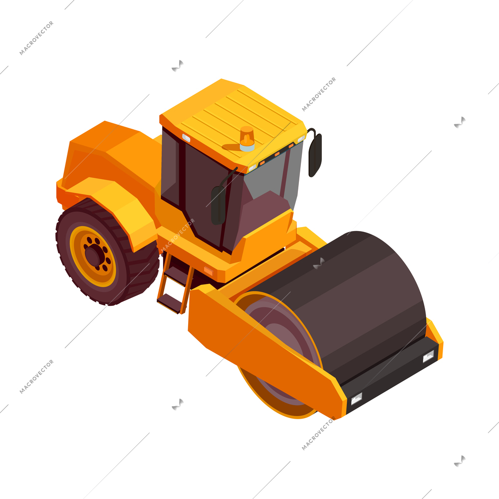 Construction machinery isometric composition with isolated image of yellow colored vehicle vector illustration