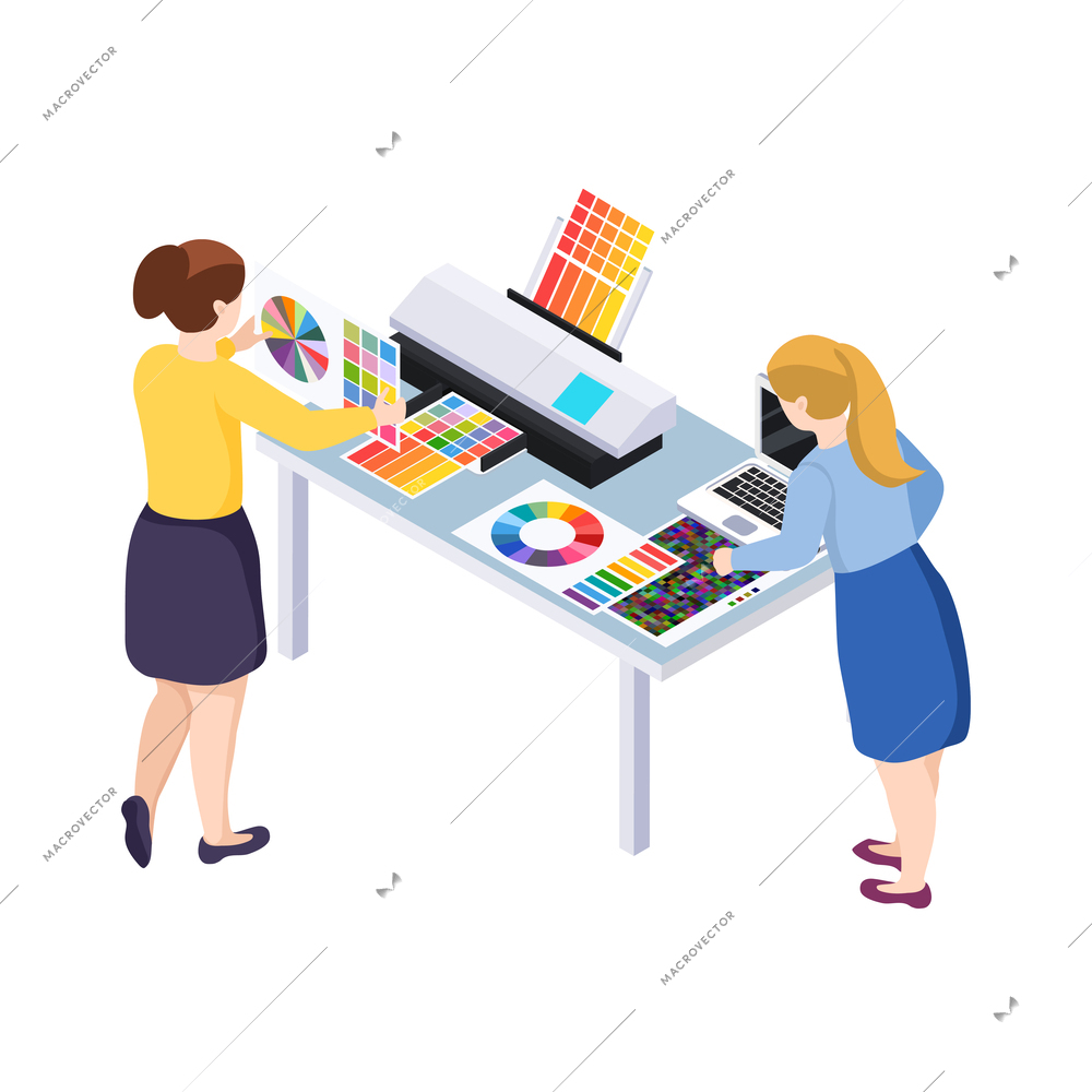 Advertising agency isometric people composition with human characters and workplace view vector illustration