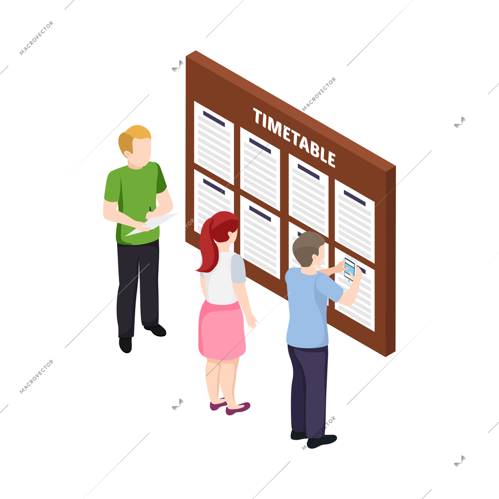 University people isometric composition with human characters and education icons on blank background vector illustration