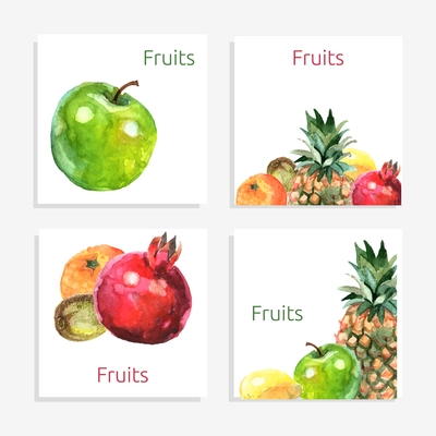 Fruits paper cards set with watercolor apple pomegranate pineapple isolated vector illustration