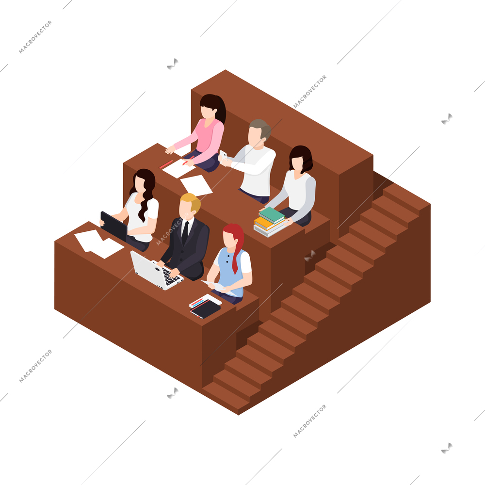 University people isometric composition with human characters and education icons on blank background vector illustration