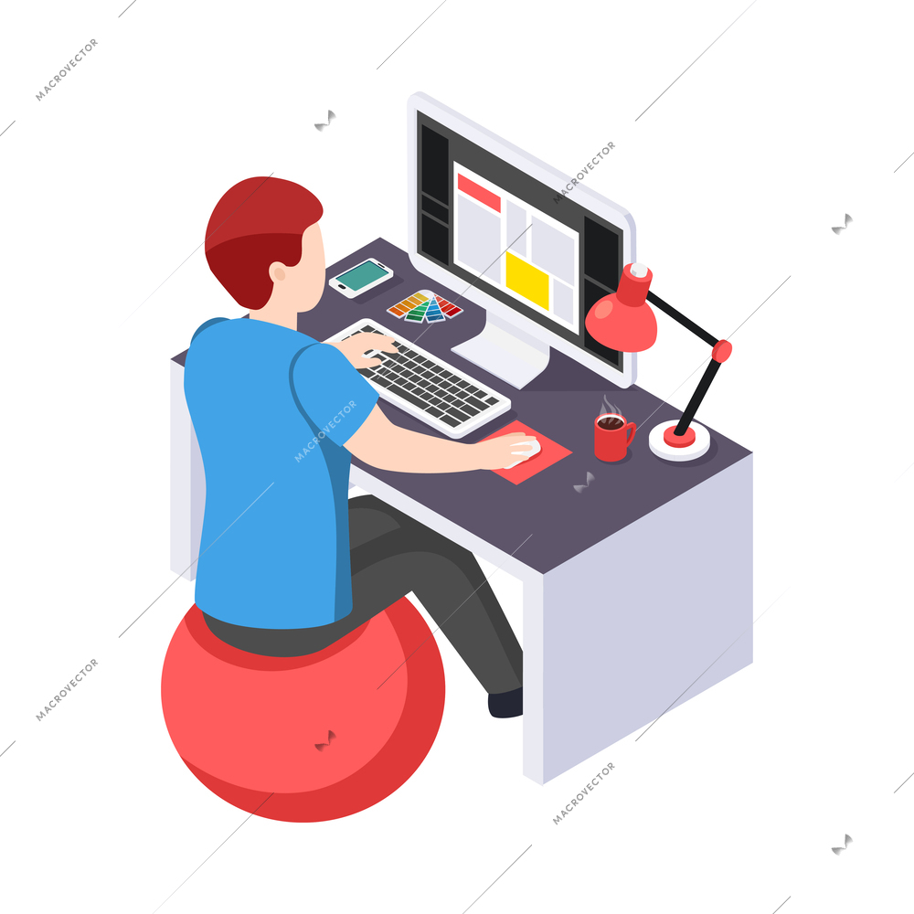 Advertising agency isometric people composition with human character and workplace view vector illustration