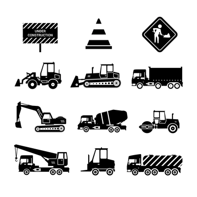 Construction machines and warning signs black decorative icons set isolated vector illustration