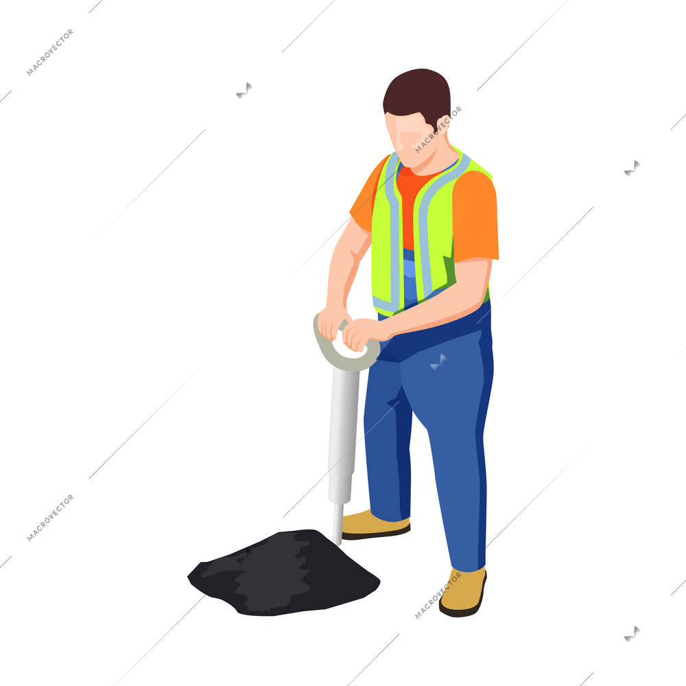 Construction workers isometric composition with human character in uniform with tools vector illustration