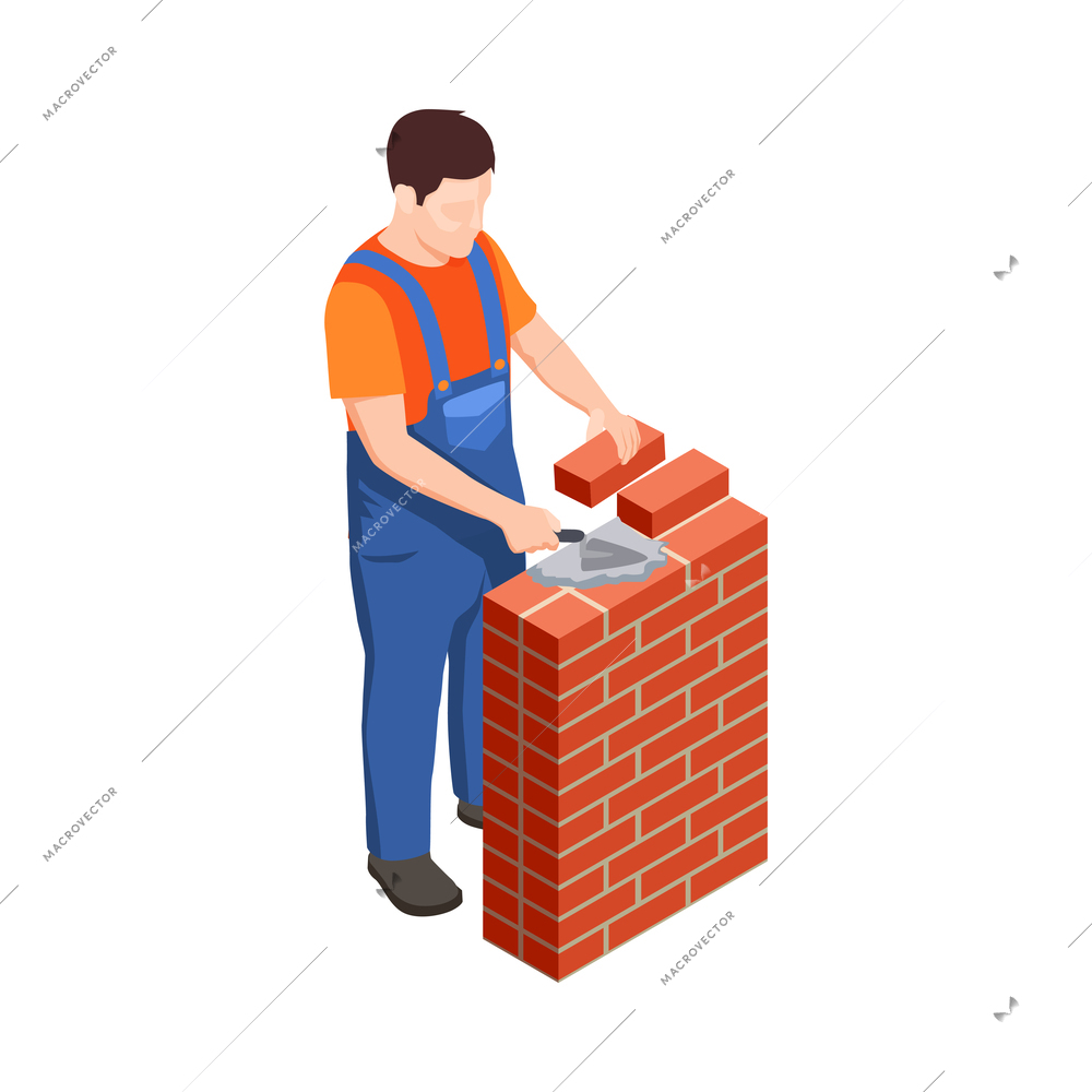 Construction workers isometric composition with human character in uniform with tools vector illustration