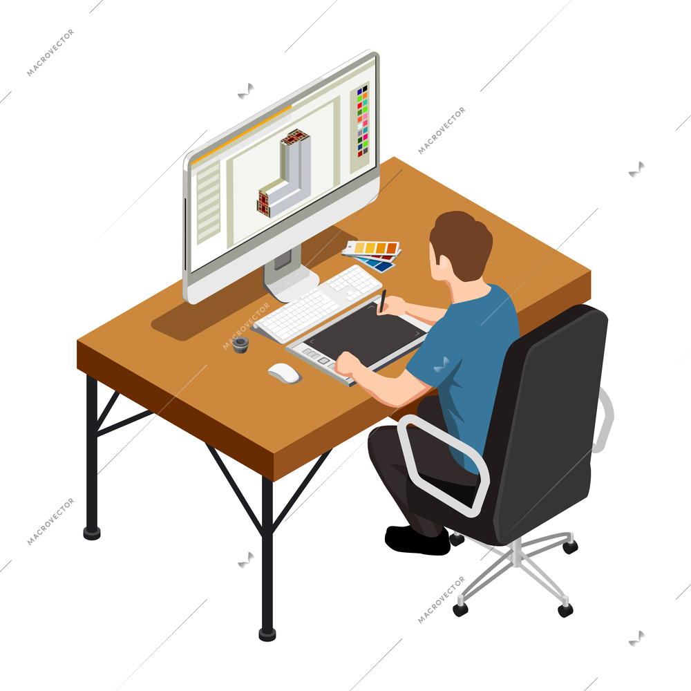 Pvc window design production isometric composition with human character of worker vector illustration