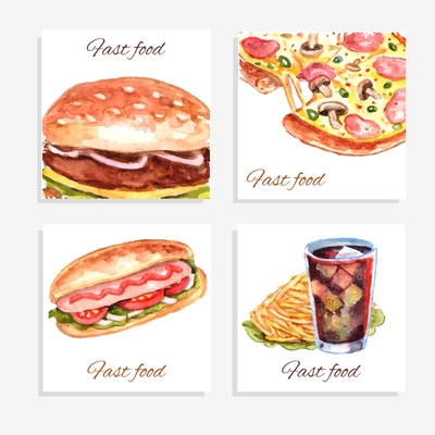 Watercolor fastfood cards set with sandwich pizza hamburger and soda drink isolated vector illustration