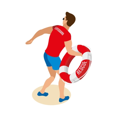 Beach lifeguards isometric composition with isolated human character in swimming trunks on sand vector illustration