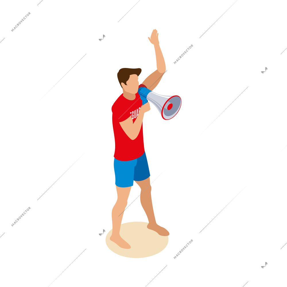 Beach lifeguards isometric composition with isolated human character in swimming trunks on sand vector illustration