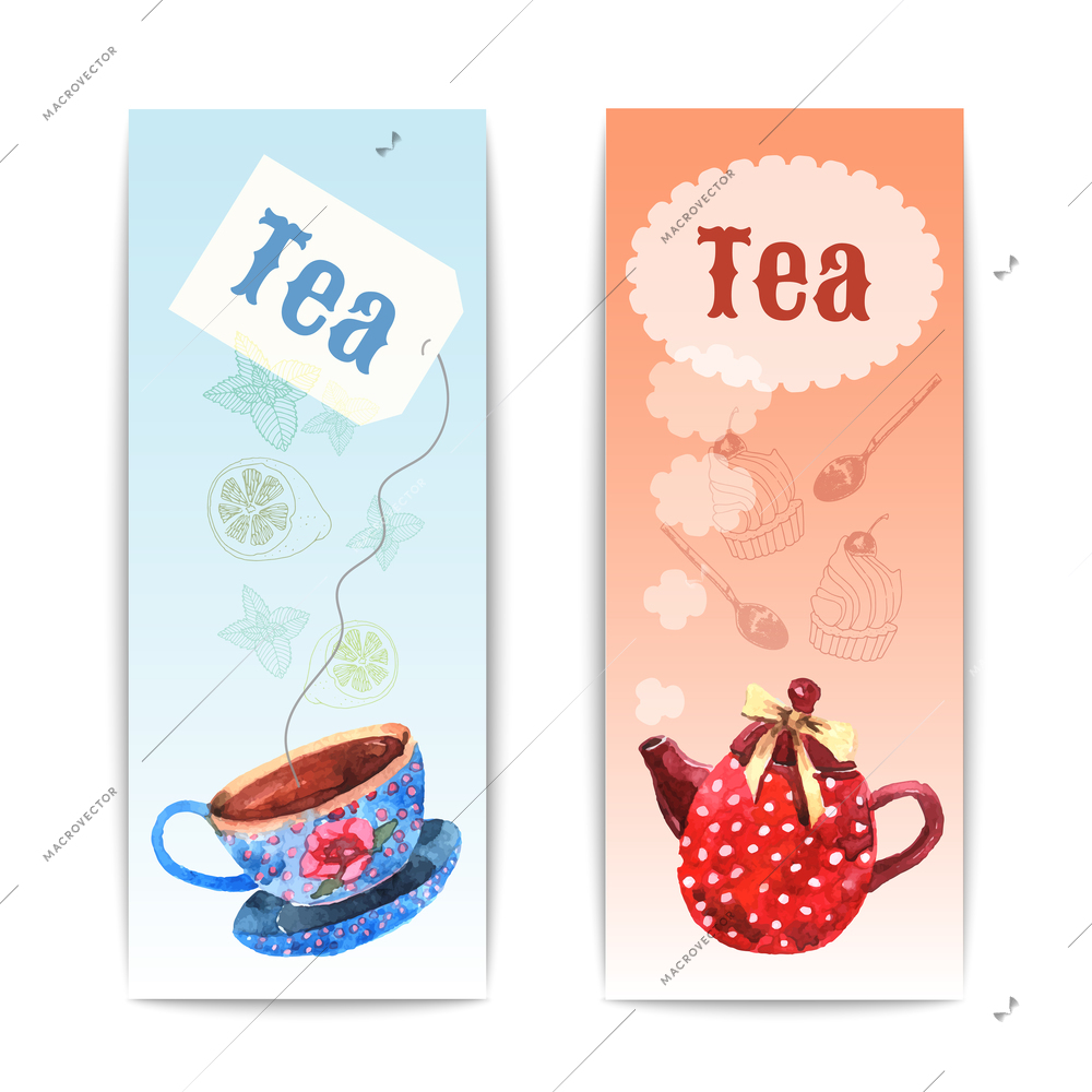 Watercolor tea vertical banner set with drink utensil isolated vector illustration