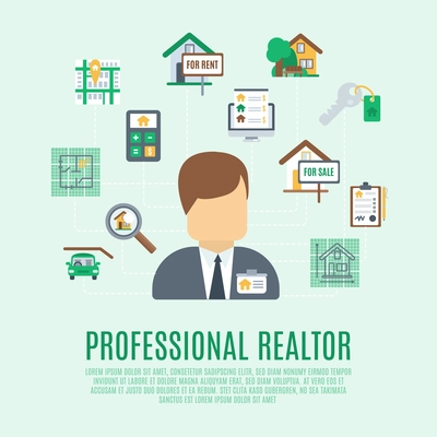 Real estate concept with professional realtor avatar and property symbol vector illustration