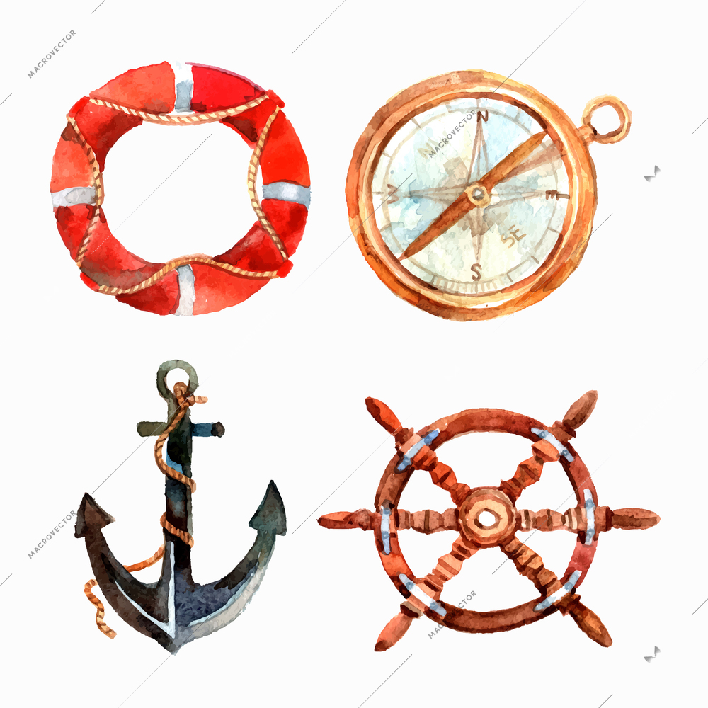 Watercolor nautical set with lifebuoy compass anchor steering wheel isolated vector illustration
