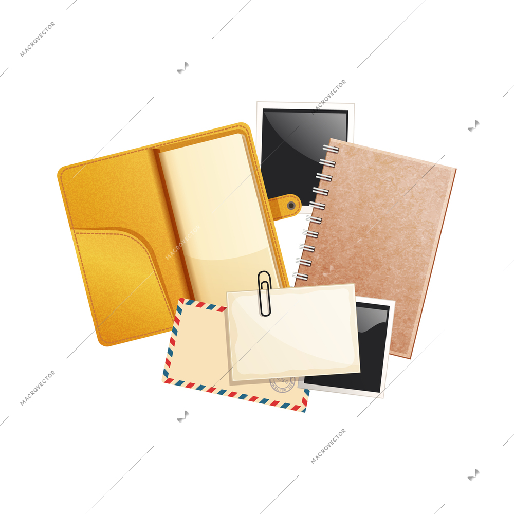 Photo album memories composition with isolated view of vintage style surfaces on blank background vector illustration