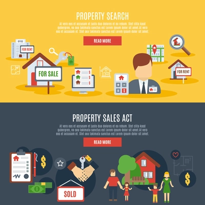 Real estate horizontal banner set with property search and sales act elements isolated vector illustration