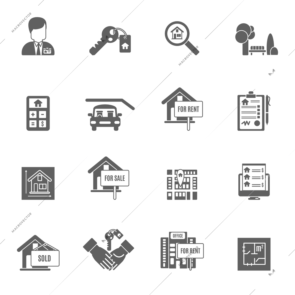 Real estate apartment sale and rent black icons set isolated vector illustration